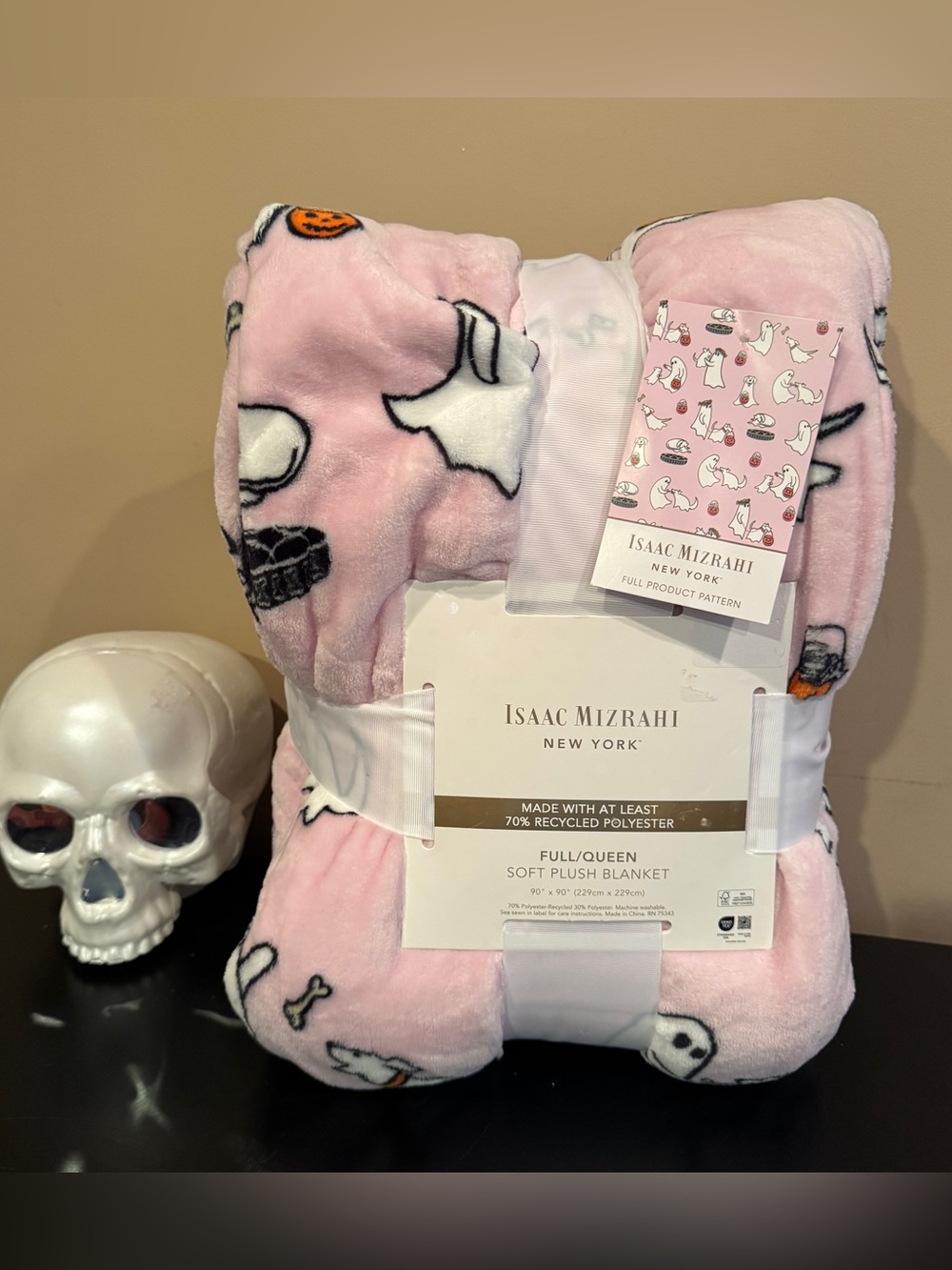 Isaac Mizrahi Pink Halloween Plush Blanket - Ghost and DOG Print NWT Queen/Full